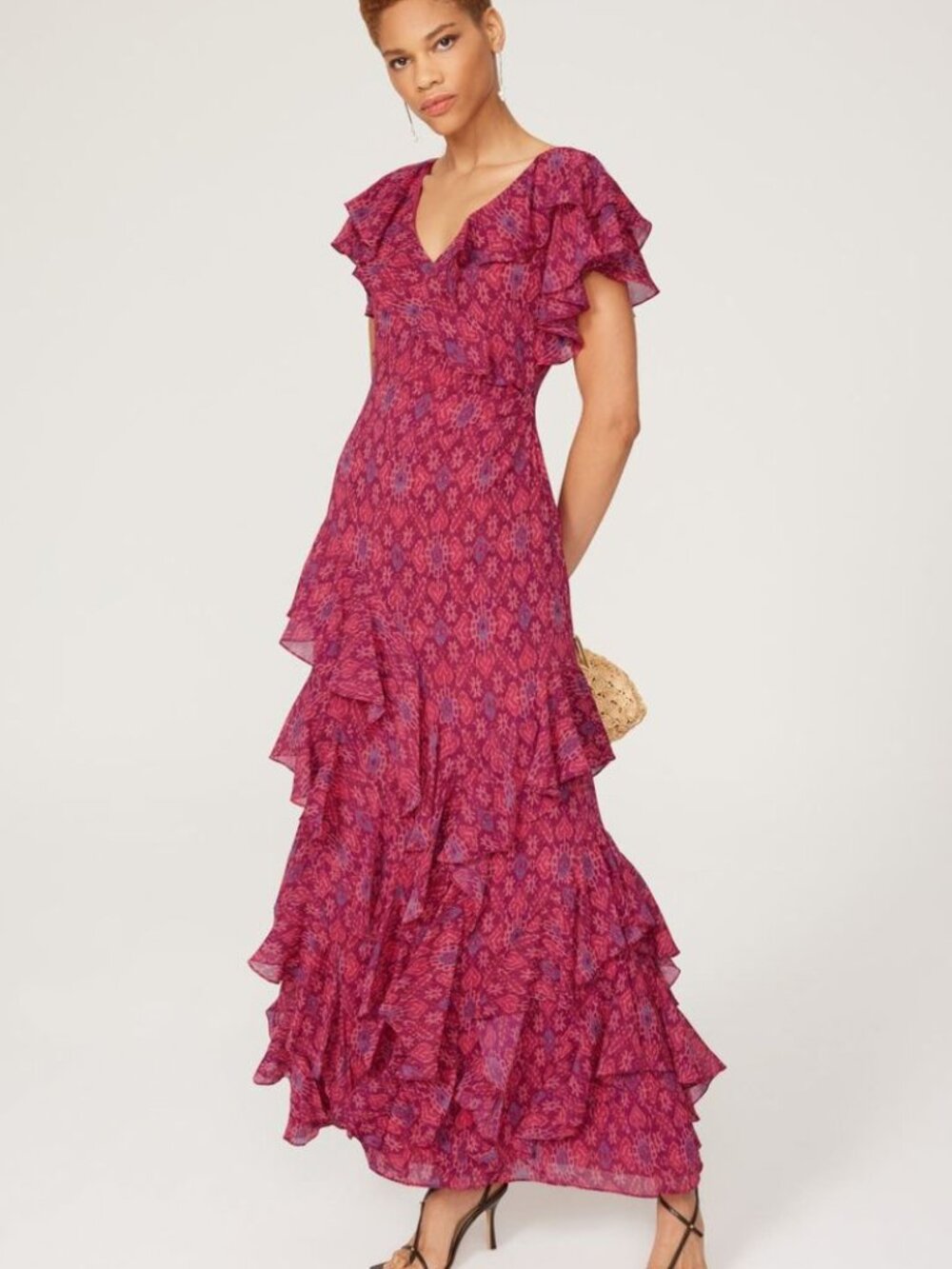 Ralph Lauren Geo-Print Ruffle-Trim Georgette Gown